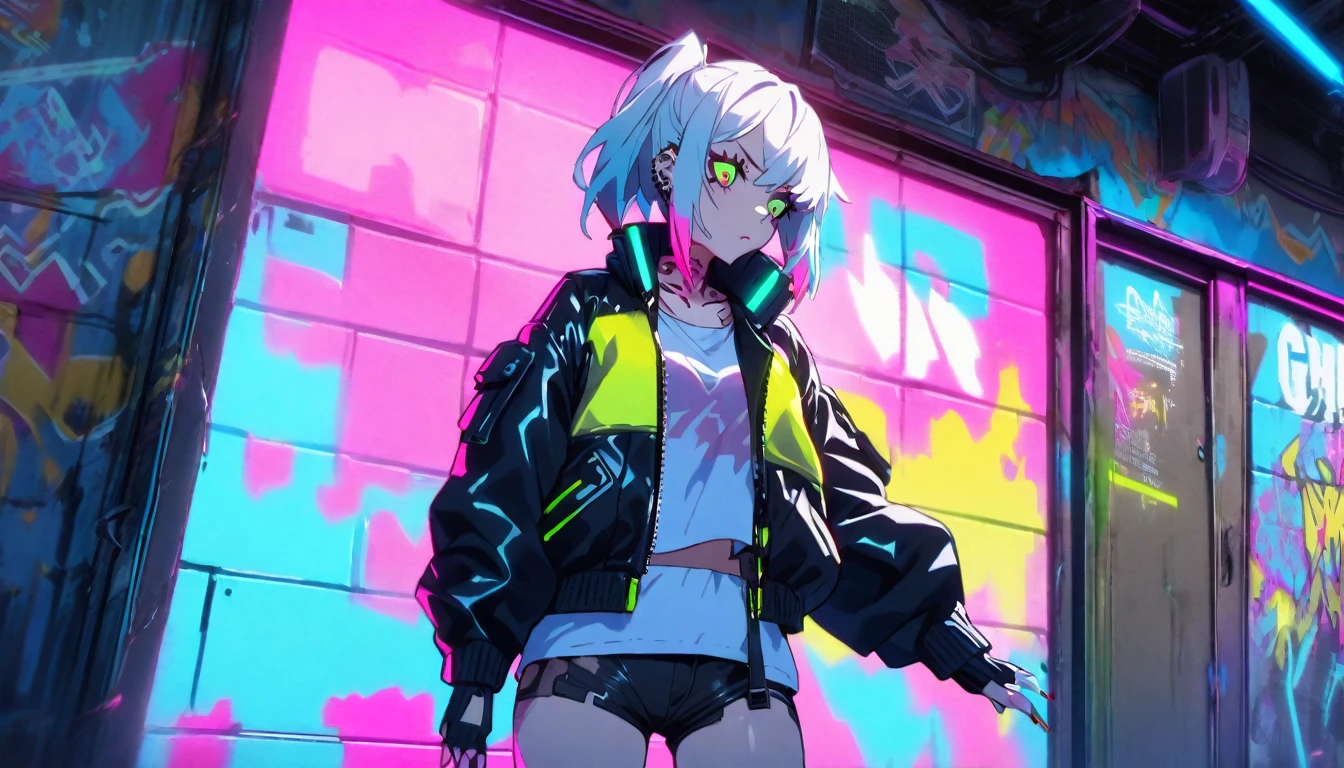 Chica cyberpunk, A girl with brightly colored hair (blue), Leather Clothes, piercings and tattoos, in a dystopian environment full of graffiti and holographic screens,