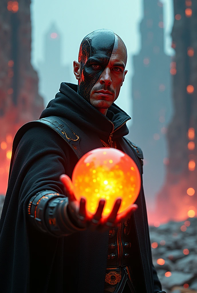 In the midst of a burning Winterfell, under a relentless snow-filled sky, stands a  Targaryen boy. He is completely bald, with piercing violet eyes that glow with intensity, matching the flames surrounding him. The boy is shirtless, exposed to the biting cold, yet seemingly unaffected by it. Blood trickles from his eyes, blending with the falling snowflakes, creating a haunting image of both pain and power.

A strange aura of fire surrounds his body, with flames licking at his skin without causing harm, as if he is one with the fire itself—a true son of the dragon. He holds three dragon eggs in his hands, their smooth surfaces glinting ominously in the light of the burning castle. The scene is medieval and apocalyptic, with the destruction of Winterfell serving as a dramatic backdrop to the young Targaryen’s strange and powerful presence.