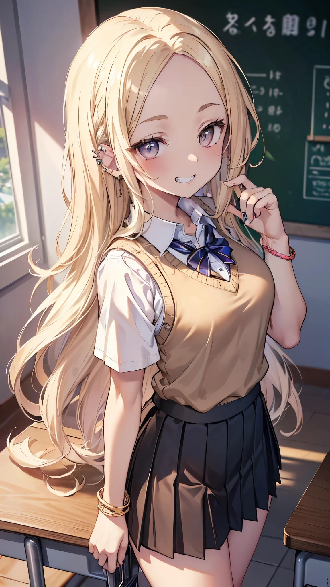 ((masterpiece、Highest quality、Very detailed))、One person、gyaru、Blonde、Long Hair、((forehead))、Wavy Hair、Grey Eyes、evil smile、((Grin))、((lots of piercing))、Moderate breasts、((White collared shirt))、((light brown sweater vest))、bracelet、Thick thighs、((Black pleated skirt))、((micro miniskirt))、Cowboy Shot、Shoot from the side、Classroom Background