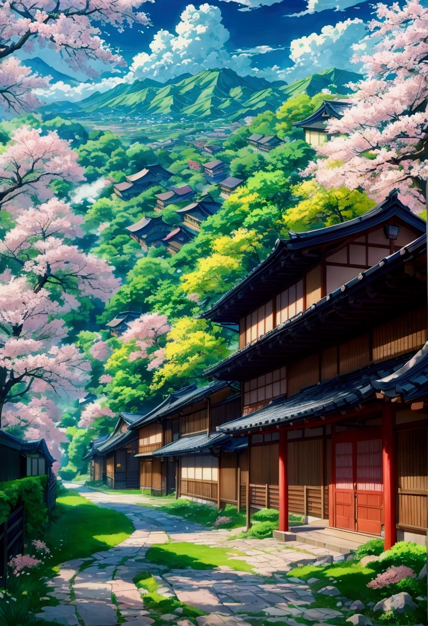 "Create a high-resolution anime-style landscape in super HD quality. The scene features a serene, picturesque countryside with rolling green hills and vibrant, blooming flowers. A clear blue river winds through the landscape, reflecting the bright, sunny sky dotted with fluffy white clouds.

In the foreground, there is a well-maintained dirt path leading towards a quaint village with traditional Japanese houses. Cherry blossom trees in full bloom line the path, their pink petals gently falling. Majestic mountains loom in the background, partially covered in mist.

The colors are vivid and detailed, capturing the tranquility and beauty of nature in an anime style, with meticulous attention to shading and lighting to enhance the depth and realism of the scene."