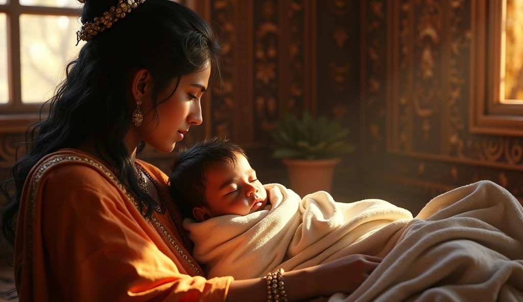 masterpiece, relist, Mexican Mayan indigenous woman, with a Mexican embroidered huipil, loving her child, and held a corn cob, sitting on a rebozo, and a candle illuminating her face, dark background, high contrast, baroque painting, Caravaggio,