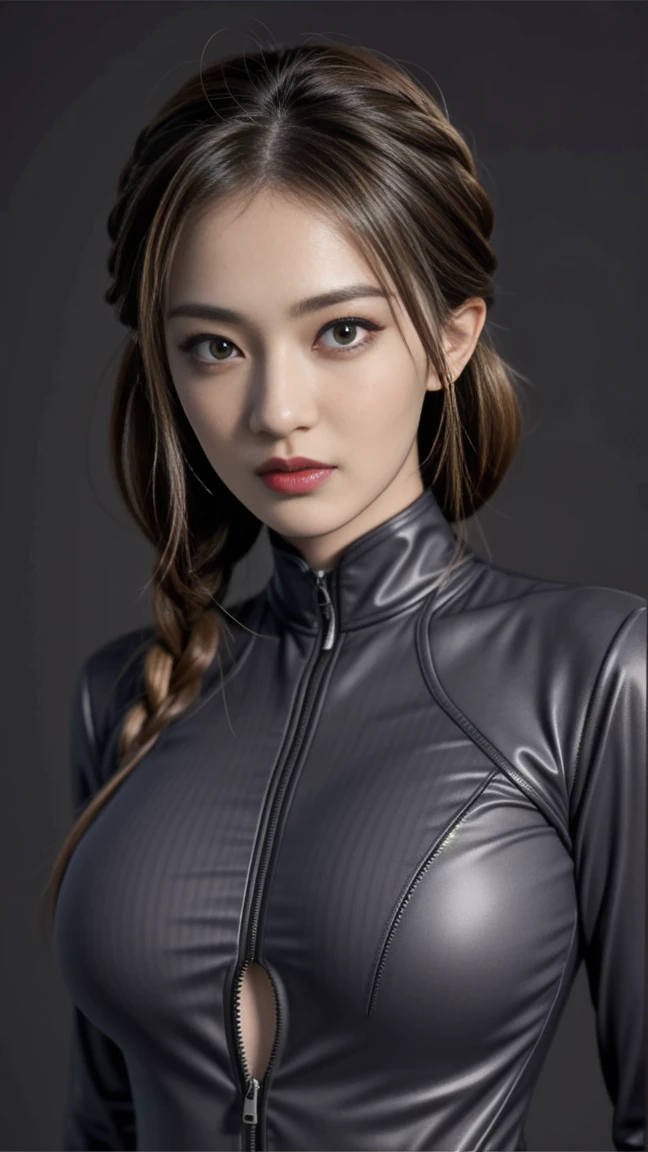 (masterpiece:1.1), (top quality:1.1), Whole body, short hair, good anatomy, lock of hair, (1 girl:1.2), (detailed face and eyes:1.25), long scarlet hair, Two thick braids,Brown eyes, facilitates ,( skintight suit), big breasts,split:1.2), blush, I&#39;m looking at the viewer, mature woman, sidelocks, tatibana kyoka,, sitting, Elysiumchar, Oil painting,  