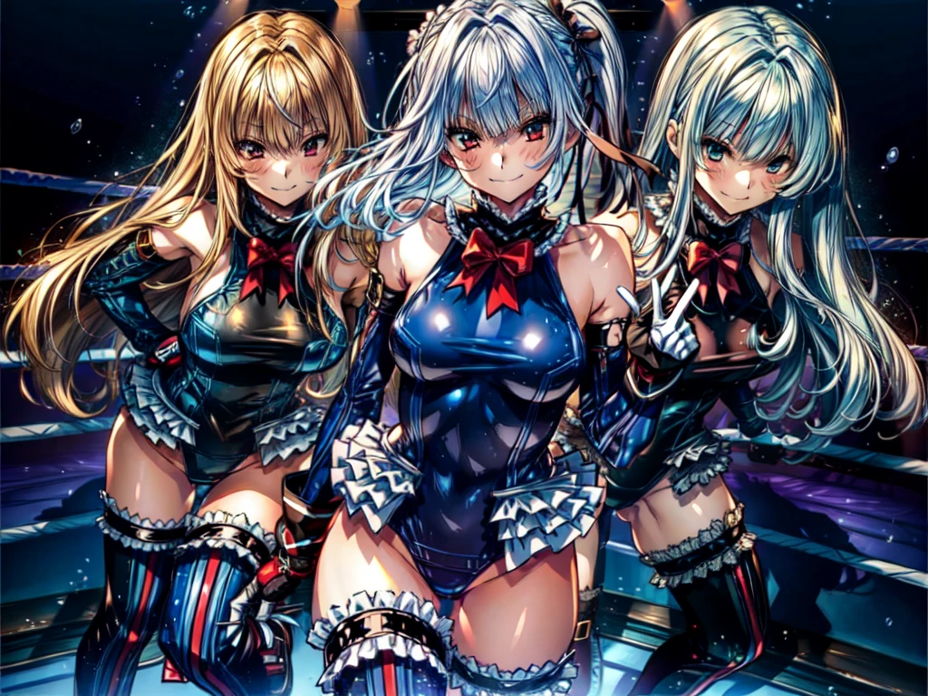 Perfect Anatomy, Highest quality, Wicked Smile,Provocative attitude
,(In the fighting ring:1.2),Wicked Smile,Anime Style,(((Frilled swimsuit, Knee socks, Removed sleeve))), (Anime Style:1.4) ,
Silver Hair,(White fingers:1.1,Black gloves),Very long hair,Evil Aura,(((masterpiece))), (((best quality))), ((ultra-detailed)), (illustration), (detailed light),((an extremely delicate and beautiful), (4girls:1.4)