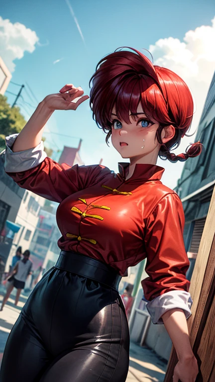 (8k, RAW photo, best quality, masterpiece:1.2), RanmaChan, RanmaRedShirt, red panty, turn back, show her butt　　((masterpiece:1.4)), high quality, very_high_resolution, large_filesize, full color, heavy outline, clear outline, colorful, (beautiful detailed eyes), ((beautiful face:1.0)), ((boyish face:1.4)), 1 girl, (femaleranma), (red hair), short hair, (braided ponytail), ((bangs)), bumpy bangs, blue-gray eyes, big breasts, curvy, femaleranma, braided ponytail, (red chinese clothes), sleeveless, tangzhuang, black pants, cameltoe, standing, upper body, ((from front:1.4)), ((portrait:1.8)), ((face focus:1.4)), (angry),　((masterpiece)), high quality, very_high_resolution, large_filesize, full color, heavy outline, clear outline, colorful, (beautiful detailed eyes), (beautiful face:1.3), (boyish face:1.3), 1 girl, (femaleranma), (red hair), short hair, (braided ponytail), ((bangs)), bumpy bangs, blue-gray eyes, big breasts, curvy, black-wristbands, femaleranma, braided ponytail, chinese clothes, sleeveless, tangzhuang, black pants, cameltoe, standing, upper body, ((from side:1.4)), smile,((Masterpiece, Highest quality)), Detailed face, CharacterDesignSheet，full bodyesbian, perfectly proportions，Full of details, Multiple poses and expressions, Highly detailed, Depth, Many parts，Beautiful teenage girl，Suits，lacepantyhose，Light pink pupils，epic exquisite  character art，Natural light　1girl,japanese text,Storyboard,comic,cross-section, uterus,(masterpiece, highres, high quality:1.2), cinematic lighting, detailed, colorful, NaomiSakamoto, 1girl, mature female, solo, sitting on low chair, covering breasts, looking at viewer, (blush, embarrassed:1.1), teeth, orange hair, long hair lipstick, purple eyes, jewelry, (mole under mouth:0.8), blue shirt, short sleeves, red pleated skirt, bikini bottom only, curvy, large breasts, thighs, indoors, classroom, day, sky,