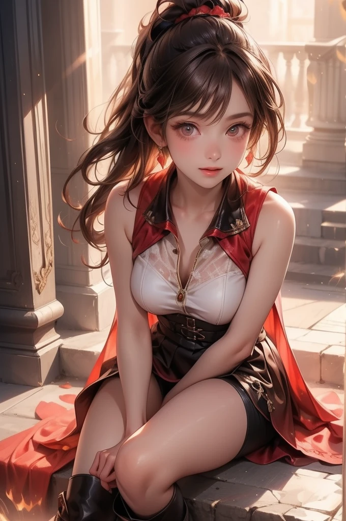 20 years old, long red hair, wears a ponytail, red eyes, always smiling. She dresses in an antique style, wearing a short brown skirt with black shorts underneath, ending above the knees. She wears knee-high brown boots. Her white blouse is sleeveless and features red details. She possesses fire powers and has a fire-themed background. 8k, high quality, full body, (ultra-realistic), {extremely detailed 8k CG unit wallpaper}, expansive landscape photograph, , (light: 2.0), (warm light source: 1.5), complex details,, (atmospheric lighting), surreal, impressive, fantasy, (Solo: 1.2)