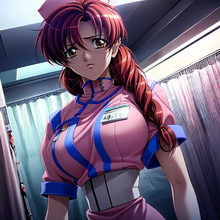 Female Zombie、nurse、Big Breasts、Long Hair、Twin Roll Hair Red、See-through、Torn uniform、Bloody、Blank look、Background: Hospital at night