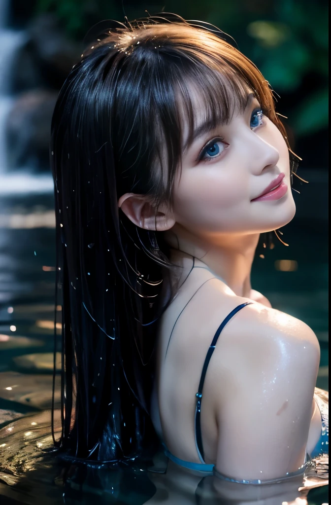 (masterpiece,best quality:1.4),(8k,raw photo,photo realistic:1.2),shiny skin,detailed skin,detailed face,detailed eyes, 1girl,looking at viewer,Japanese idol,extremely beautiful face, (smile), LiquidHair, liquid hair, blue mucus floating around, slime girl, covered in blue slime, (partially transparent), (Wet with water), (blue sweat), Slimy blue liquid dripping from her body. Her hair is also covered in blue slime. blue slime scatters, Blue hair, blue eyes
