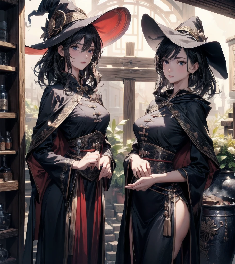 (((yuri))), (((2 girls))), traditional witch outfit, hat, absurdres, RAW photo, extremely delicate and beautiful, masterpiece, Best Quality, ultra high resolution, 32k, hyperrealistic, ultra-detailed, detailed description, perfect anatomy, pale skin, 20 years old, detailed beautiful face and eyes, tearful mole, earring, short medium hair, wavy hair, random colored hair, whole body shot, colossal tits,