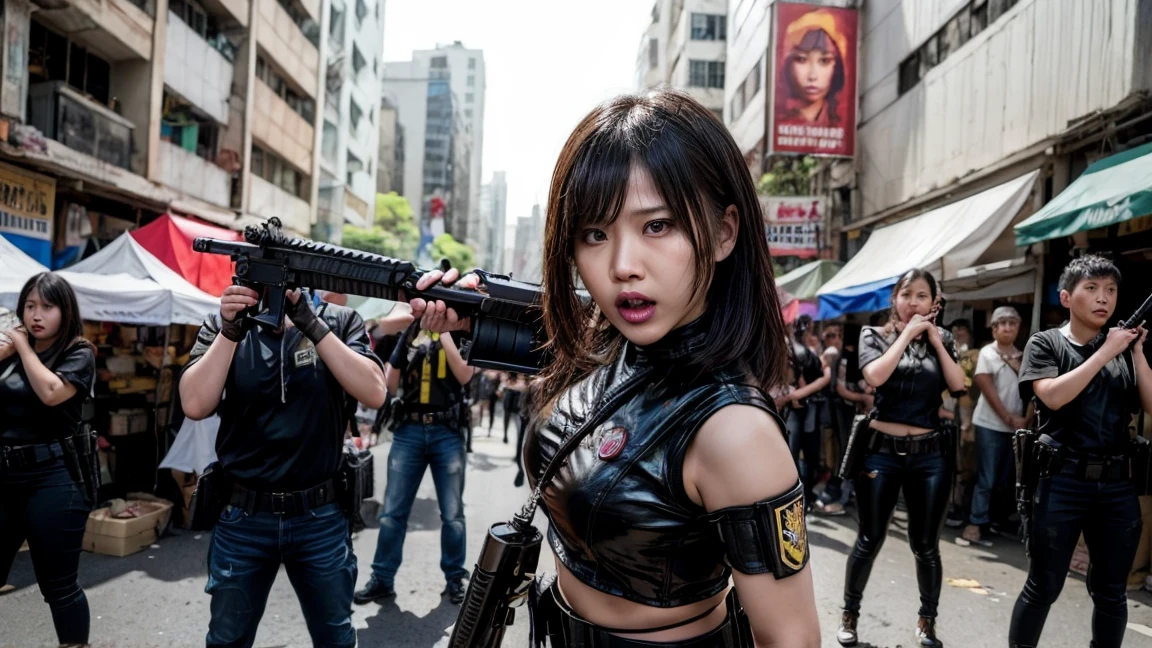 A fierce-looking Thai woman standing in a defensive stance, equipped with a full range of weapons: a handgun, a long rifle, a combat knife, and grenades attached to her belt. Her expression shows clear anger or determination. Surrounding her are several people, all visibly frightened, some with hands raised in fear, others cowering or backing away. The scene is tense, as if something intense is about to happen, set against a background of a chaotic urban street or market.