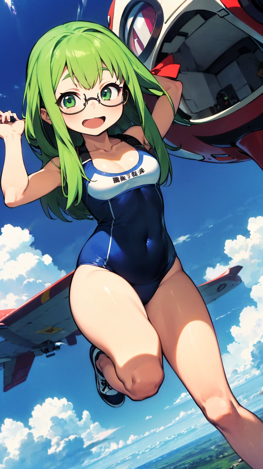 1 girl, 14 years old, in the park, red bikini, medium breasts, short hair, green hair, blue eyes, elbow gloves, cute girl, smiling, mecha headgear, seductive pose, red shoes, naked