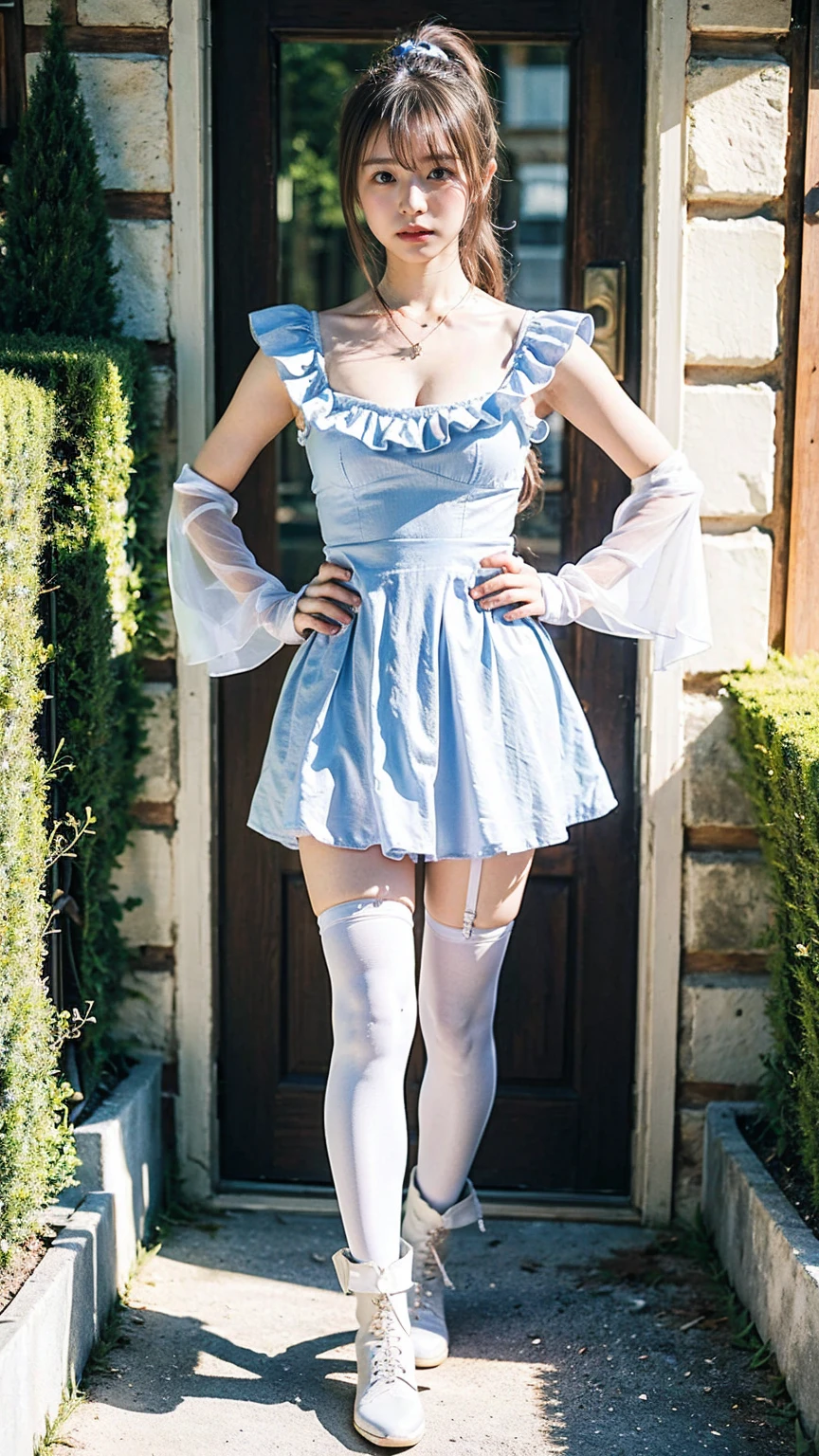 (masterpiece, best quality), 1girl, blue and white frill dress, (white stockings), cute face, standing, indoor, intricate detail, sunlight,