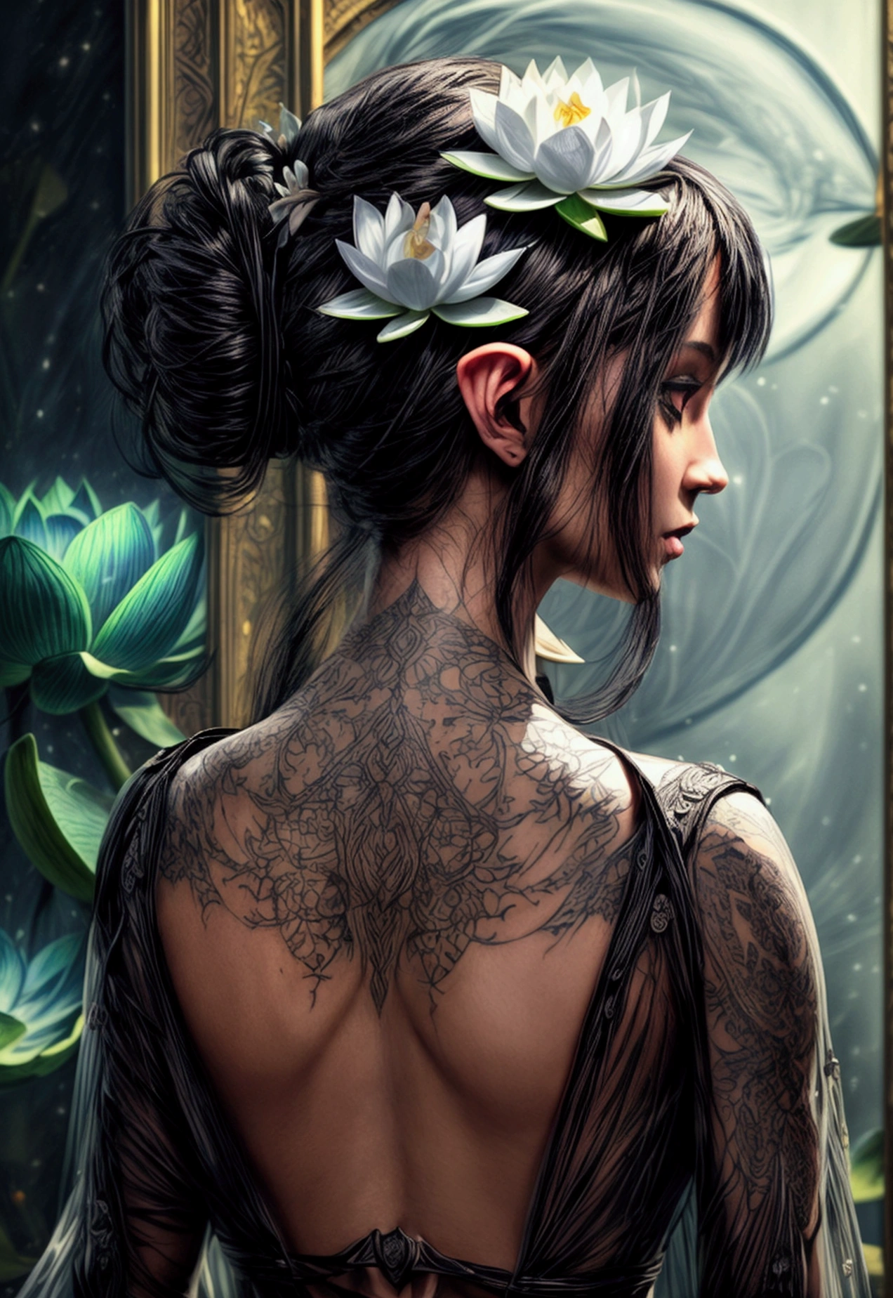 Arafed, Dark fantasy art, fantasy art, goth art, a picture of a tattoo on the back of a female elf, a glowing tattoo of a ((white lotus: 1.3)) on the elf's back, the ((lotus 1.3), she wears a transparent black dress, the dress is elegant, flowing, elven style, that the tattoos glow, dynamic hair color, dynamic hair style, Ultra-high resolution, High Contrast, (masterpiece:1.5), highest quality, Best aesthetics), 16K fantasy art, best details, best quality, highres, 32k, ((ultra detailed: 1.5)), masterpiece, best quality, (extremely detailed), Comistyle