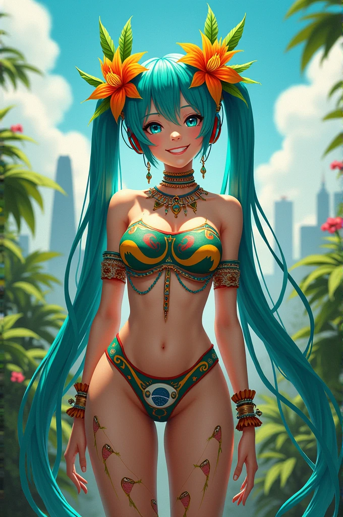 Miku Hatsune, piel bronceada, alta definicion, tatuaje tribal, prehispanic clothes, mayan gir, piramid maya landscape, jungle, tribal body paiting