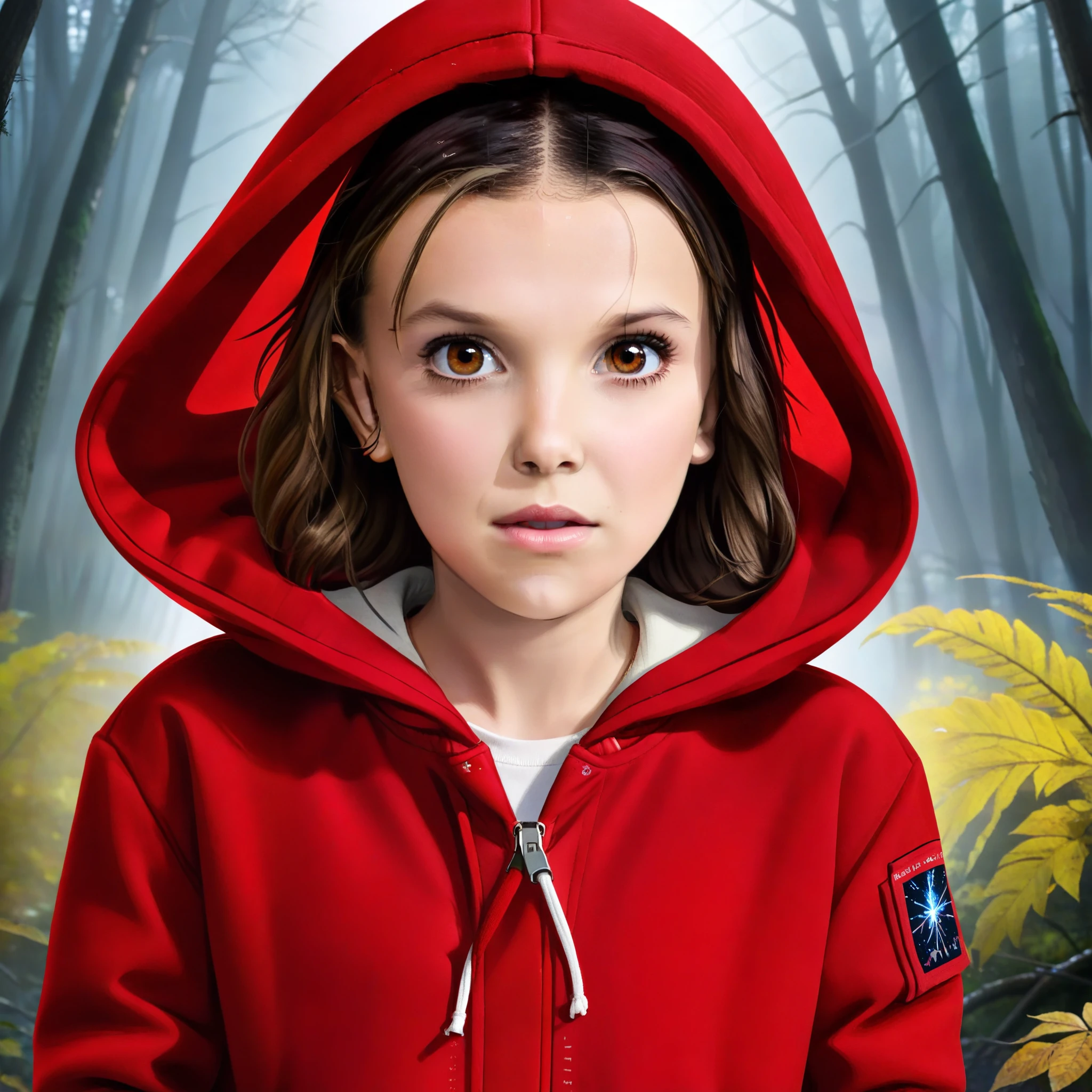 milli3 woman, millie bobby brown, a girl wearing red jacket and hood, Netflix, stranger things, eleven, in a dark forest background, front view