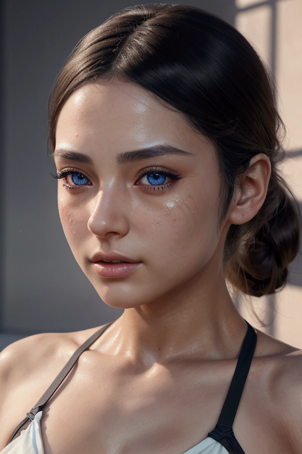 (16k, masterpiece, best_quality:1.8), professional artwork, intricate details, high resolution, (extremely detailed photorealism:1.5), 
female_solo, dominating, sensual, elegance | grace, (looking at the camera:1.2), (gorgeous mature woman:1.5), (Lea Nicoleta:1.5), (blue hair:1.5), (stunningly beautiful face:1.2), scarlet lips, natural smile, (happy:1.2), (separated lips, open mouth), (short hair:1.5), (smooth | flawless | highly detailed skin:1.5), sexy, (glowing | beautiful eyes:1.5), (perfect face | eyes:1.5), beautiful | aesthetic, fit | athletic, (bare shoulders:1.5), (tanned:1.5), (darker skin:1.5), (blue eyes:1.5), (slick back haircut:1.5), 
black background, 
studio lightning, (night time:1.5), depth of field, immersive background, raw photo, 50mm, f/1.4, rimlight, soft shadows, (sharp focus:1.2), (white | blue theme:1.5), (extreme close-up:1.5), (bilateral symmetry:1.5), (face portrait:1.5), (front view:1.5)