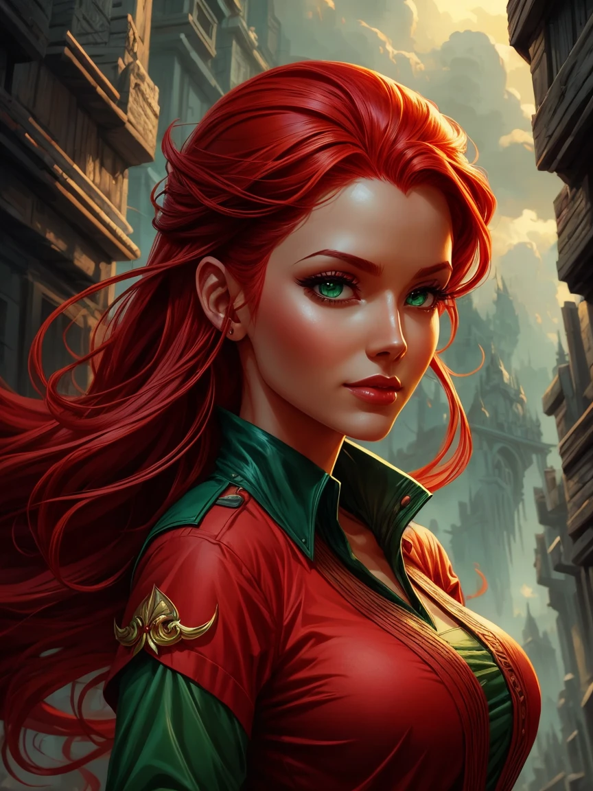 a close up of a woman with red hair and a green blouse, red-haired goddess, arte pin-up, by Eddie Mendoza, artgerm and lois van baarle, arte do personagem Charlie Bowater, style of charlie bowater, red-haired girl, Charlie Bowater rich, deep colors, by Ric Nagualero, by Jorge Jacinto, red-haired woman