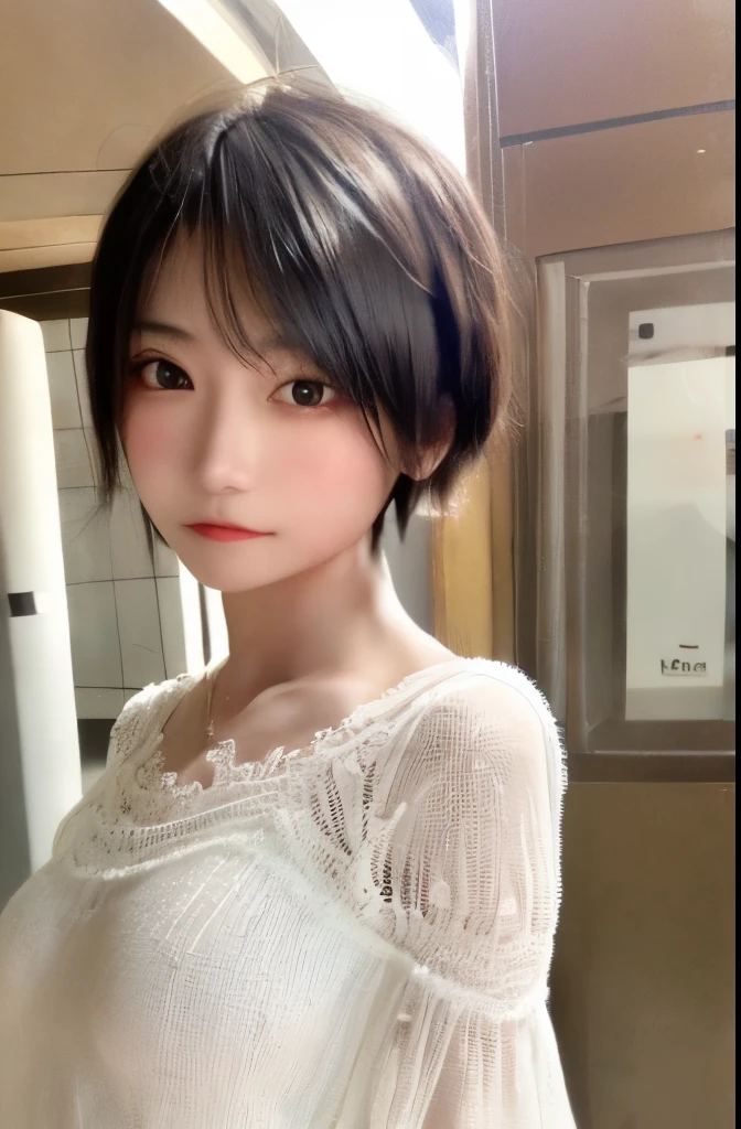 ８ｋ、High resolution、maid clothes fashion、beautiful girl、slender body、young、white skin,、narrow eyes,high nose,lighting that illuminates the face、clear image、intellectual beauty、Eyes staring straight ahead、skinny、no makeup、short hair、anxious look、lighting that illuminates the face,shining hair、single eyelid