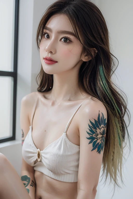 Realistic photography, Beautiful Young japanese Female, large breast, (chanel blonde hair), ((old school tattoos))