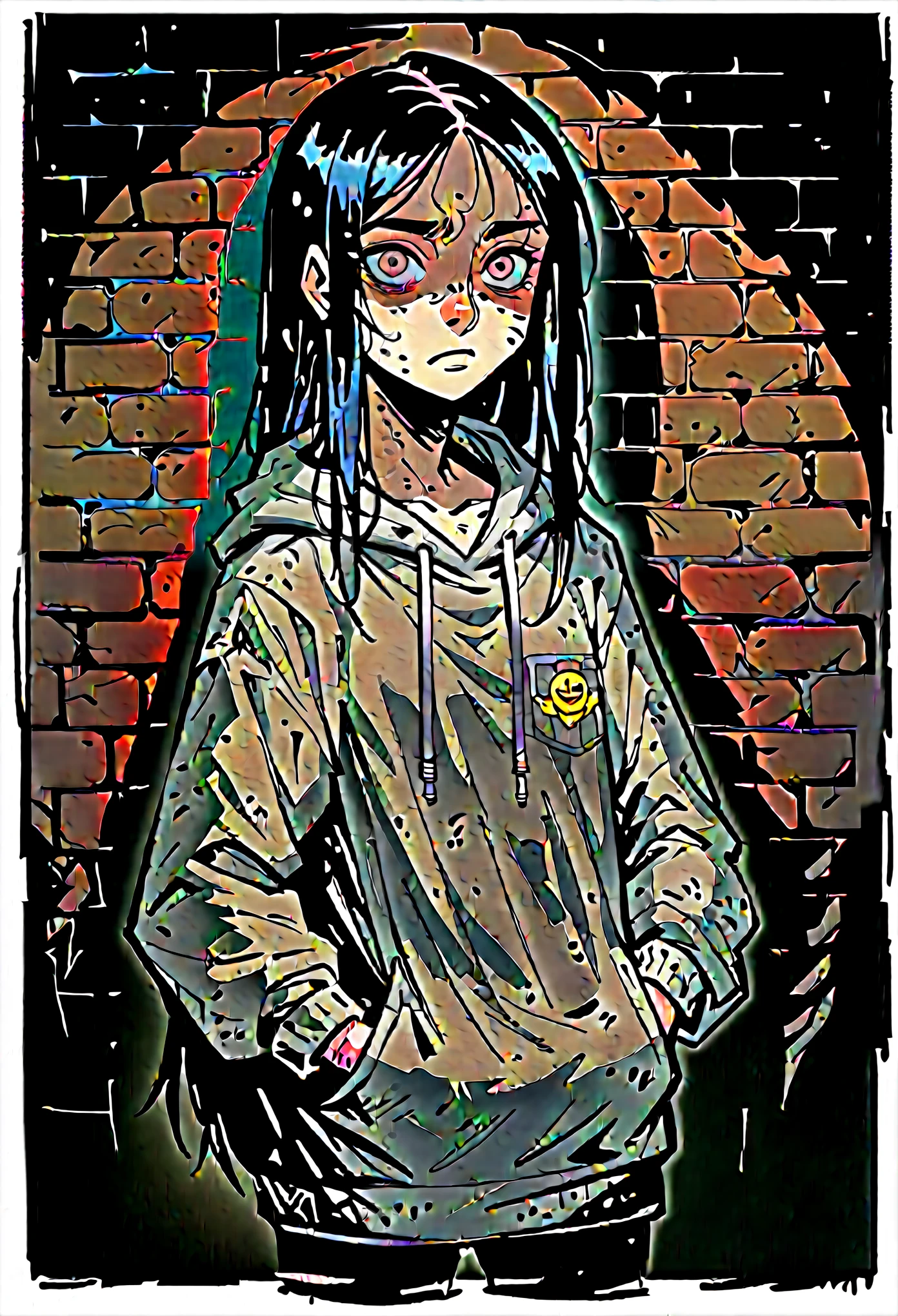 Medium close-up of a pale, slender girl, long hair, straight black hair, contrast brown eyes. She has interested face expression, looking directly at the viewer and has finely detailed clear facial features. She is wearing clean oversized grey hoodie woth no text or images, and has a small chest. Hands in hoodie pockets. In the background weathered dusty brick wall, creating a moody atmospheric scene. The overall visual style is dark, gritty, and detailed, inspired by Chris Bourassa, known for his dramatic lighting and expressive, somber character designs.
