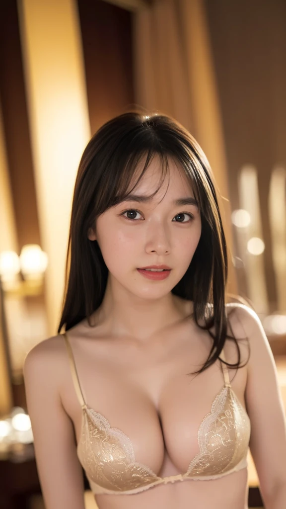 (8k、RAW Photos、Highest quality、masterpiece:1.2)、(Realistic、Realistic)、1 person、((very sexy lingerie、Luxury hotel at night、Exposed Skin、whole body、Moderately large breasts、View from the front、Looking into the camera))、cute、gold lingerie、very sexy lingerie