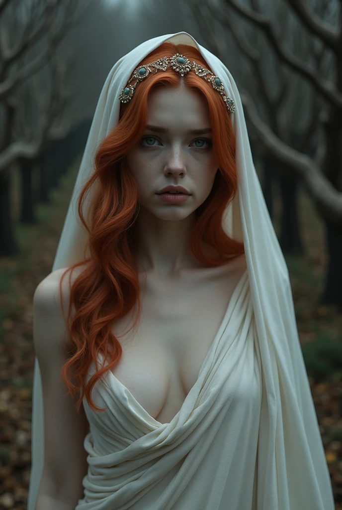 meeting with the mechanical elves overlords (([red|black] hair)), long hair, white formfitting wet cotton dress, drenched fabric, nipples bump see-through,  melancholic gaze at viewer,  (soothing tones:1.0), (hdr:1.25), (artstation:1.2), dramatic, (intricate details:1.14), (hyperrealistic 3d render:1.16), (filmic:0.55), (rutkowski:1.1), (faded:1.3)