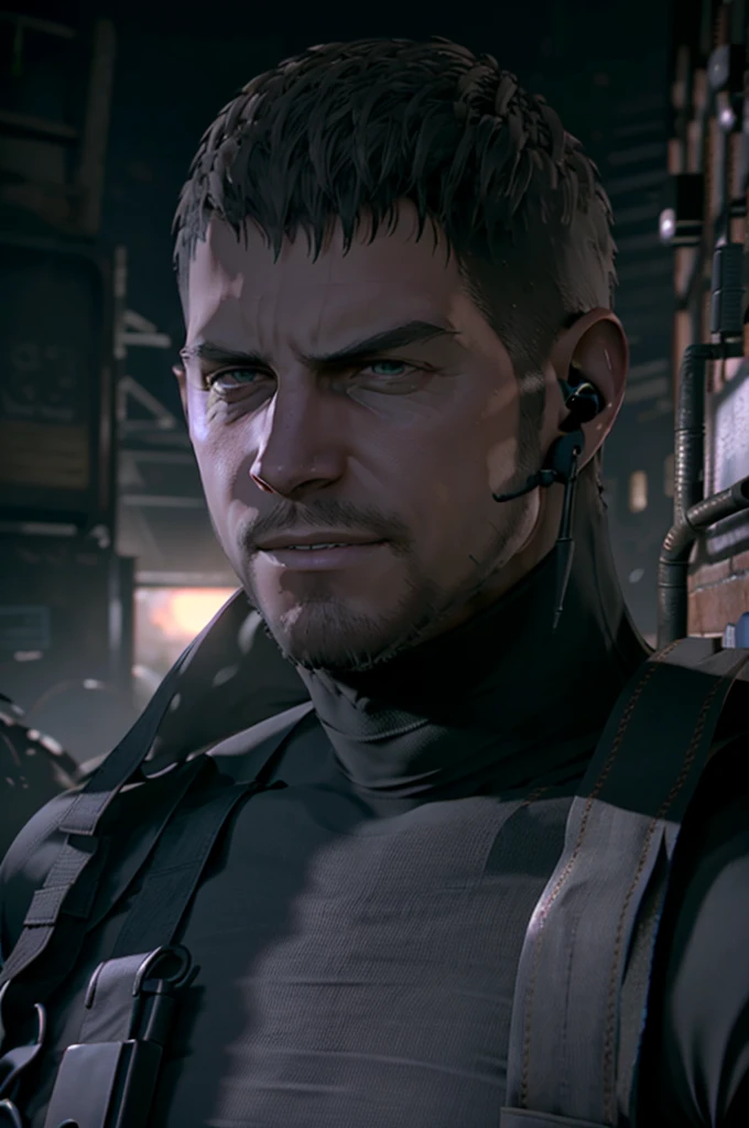 Dark gothic village in the background, old Chris Redfield from Resident Evil 8, 48 , muscular male, tall and hunk, black cold turtleneck, straps, earpiece, beard, old face, little smile, video games style, high resolution:1.2, best quality, masterpiece, dark nightime, dark atmosphere, volumetric lighting, shadow, potrait, face close up