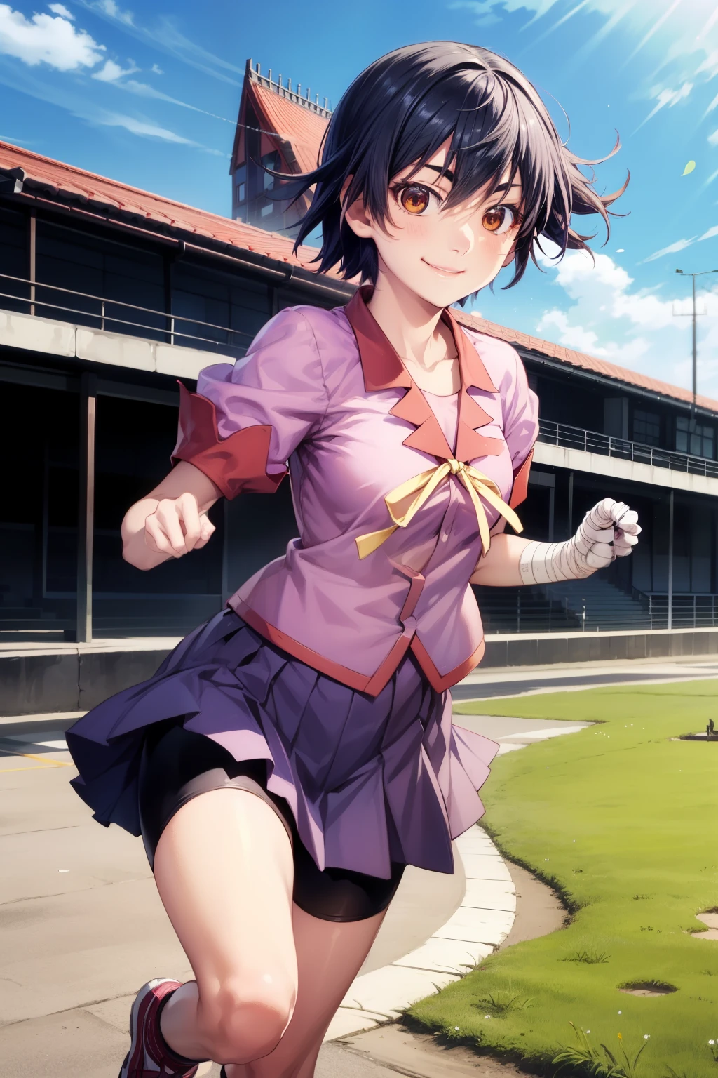 masterpiece、Highest quality、High resolution、Detailed face、anime、anime塗り、animeカラーリング、Bakemonogatari、One woman、solo、((Running at full speed、Uplifting))、Thighs、bandage、Bike Shorts、Naoetsu High School uniform、Pink Shirt、Purple Skirt、Kanbarusuruga、Kambara Suruga、smile、short hair、Mid-chest、Brown eyes、smile、Cowboy Shots、blue sky、School grounds、Simple Background、Blur the background