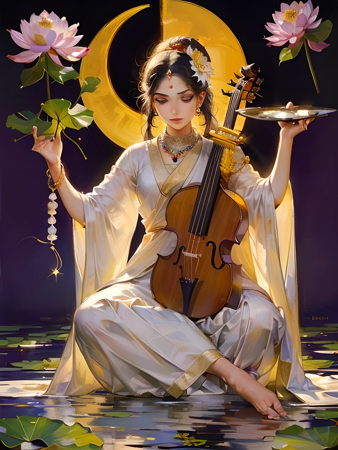 ((masterpiece)), (High resolution, Best Quality, Super detailed), (Highly detailed face:1.2, unparalleled beauty, very beautiful face),
Lotus flower, ((lotus flower blooming on water:1.2)), Hindu taste Lotus religious painting, ((lotus flowers blooming in paradise, in paradise)), (Hindu Goddess Saraswati she has white skin a crescent moon mark on her forehead, wears a white robe has four arms holds a Prayer beads and a Vedas in two of arms and a Veena a stringed instrument similar to a biwa in the other pair of arms and sits on a lotus flower), Beautiful sacred lotus flower, Illustration of Saraswati sitting on a lotus flower