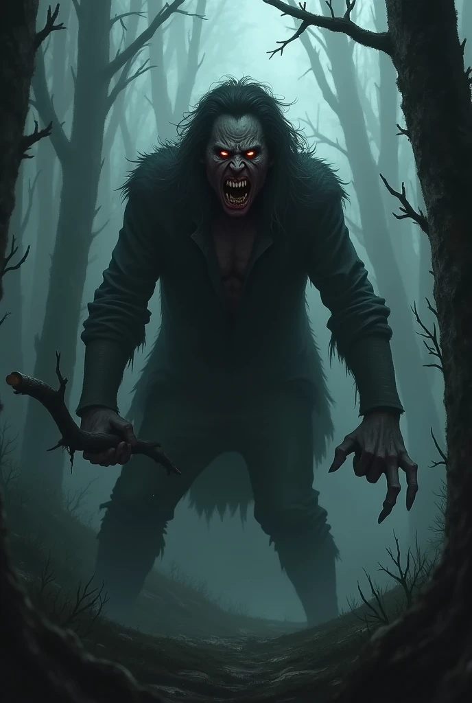 Horror masterpiece, best quality, (action shot, movement blur), combat, greg rutkowski, (focus on terrifying large wendigo roaring, large size difference), fantasy, people fighting it, dark winter night, forest deep dark woods, massive ancient trees, battle, scenery, mountain, outdoors, multiple people, injured people on the ground, (blood splatter flying through the air), trail of carnage, (indirect) moonlight, very detailed, high resolution, sharp, sharp image, 4k, 8k,