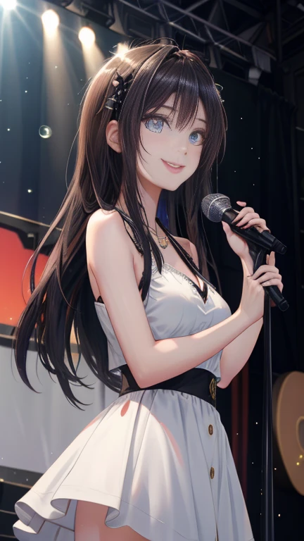 A close-up of a beautiful girl wearing a dress on a stage, anime girl, wearing a purple idol costume, short sleeves, choker with a bow, low-cut chest, long white stockings with lace, looks like a model, singing and dancing on a stage, have a microphone, dark brown hair, wavy hair, long hair, expressive hair, flowers hair ornament, swept bangs, long bangs, aqua eyes, detailed eyes, bright eyes and pupils, blush, joyful expression, purple hair ribbon, crystal earrings, smile, red lips, glossy lips, open mouth, tongue, upper teeth, singing happily, big rounds breasts, thin waist, perfect arms, defined thighs, thin legs, sexy pose, white lace panties, high definition, natural light, high detail, anime, dithering, image fill, perspective, Wide-Angle, f/1.8, 85mm, Sony FE GM, 8k, 8k wallpaper, super detail, highly detailed CG, UHD, retina, masterpiece, accurate, anatomically correct, textured skin, highres, best quality:1.3, 16k