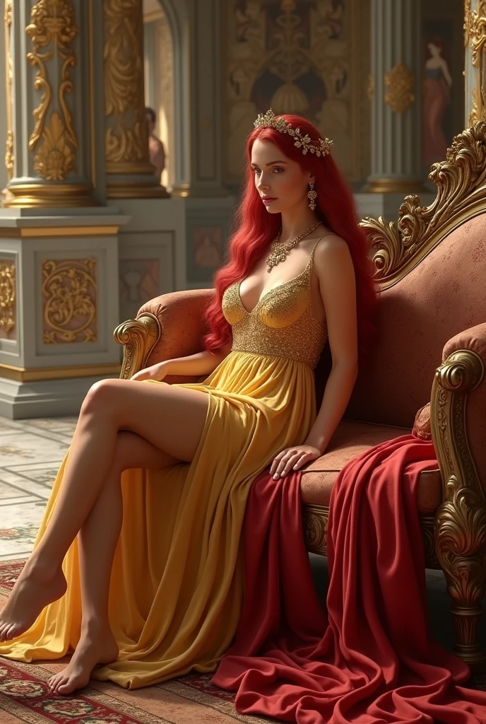 pink-hair princess, (solo:1.4) royal dress, royal panties, golden crown, gold tiara, gold necklace, gorgeous, gold accessories, sexy, breasts, covered, perfect hands, perfect fingers, perfect legs, --auto