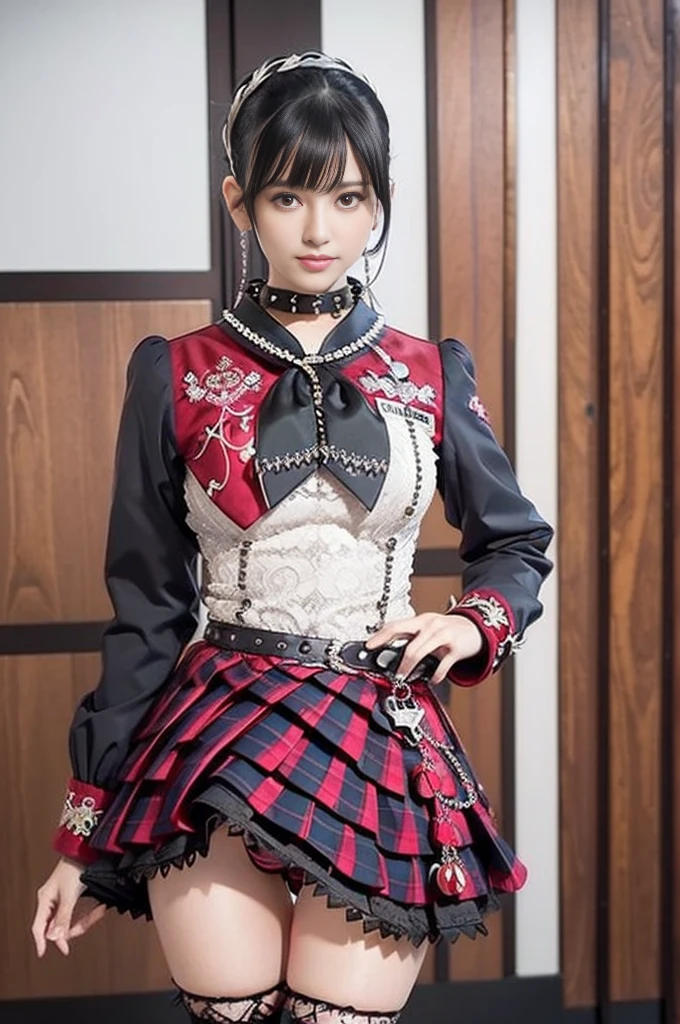 Sexy stylish female model, Only one woman,((乃wood坂46))、 ((Doll-like appearance)), Long, multicolored stylish hair, ((Shiny punk style boots)), (Big smile), Very detailedな目, Natural Makeup, Lip gloss, ((Sexy Punk ****ta cosplay)), Unconventional Skirt, petticoat, High neck, ((ultra detailed lace)), ((Very fine embroidery)), Intricate details, Tartan pattern, (Silver Chain), (Silver Spike), (Safety pin), Punk ****ta Accessories, Punk ****ta Choker, ((Big shiny pancuta jewelry)), Cinematic Light, wood々Background of a detailed large park with 、Seduce a man、Sexy cowboy shot, Maid Head Accessories, Sparkle Effect, Lens flare, High resolution, High-resolution model, Anatomically correct, Ultra high definition, Textured skin, Very detailed, Multiview, ass pov, Wide-angle shot, Chest girth, 