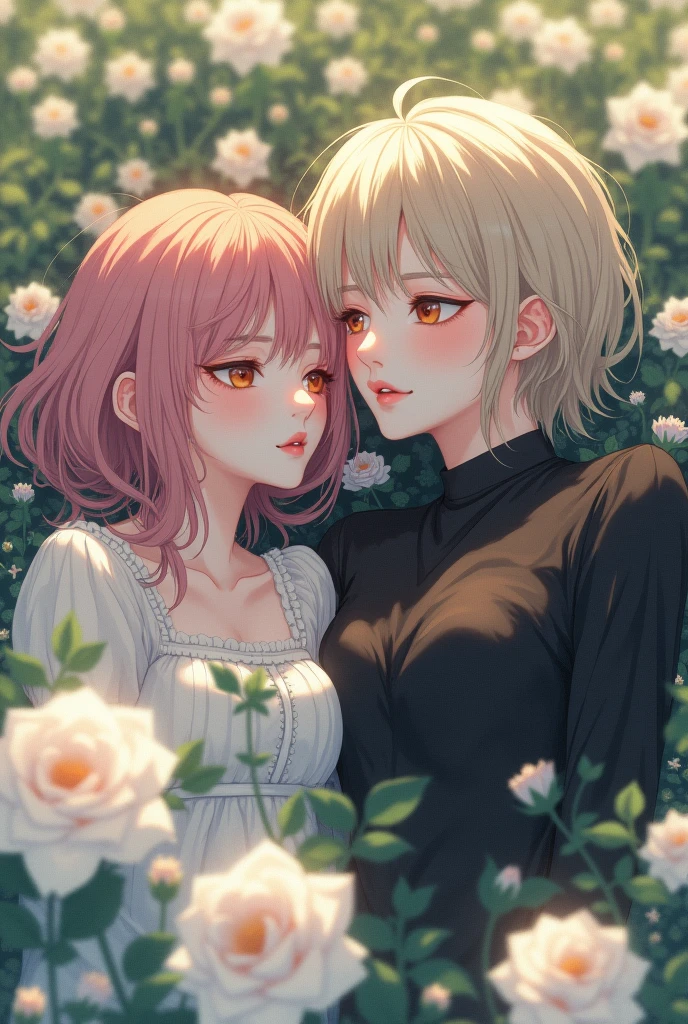 2 girls in their 30s、hug each other、albino, cute, black hair、blonde short hair,   night light ((8K, Hmm, surreal))、spring、Cherry Blossom、Cherry blossoms at night、the moon is out