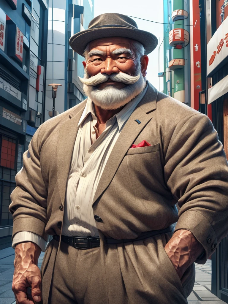 a muscular old man with a mustache and beard, (Japanese man:1.3), wearing a suits, smile, standing in a croud city background, (best quality,4k,8k,highres,masterpiece:1.2),ultra-detailed, realistic, photorealistic, semirealistic,detailed wrinkles,detailed facial features,detailed texture, half body, halfbody