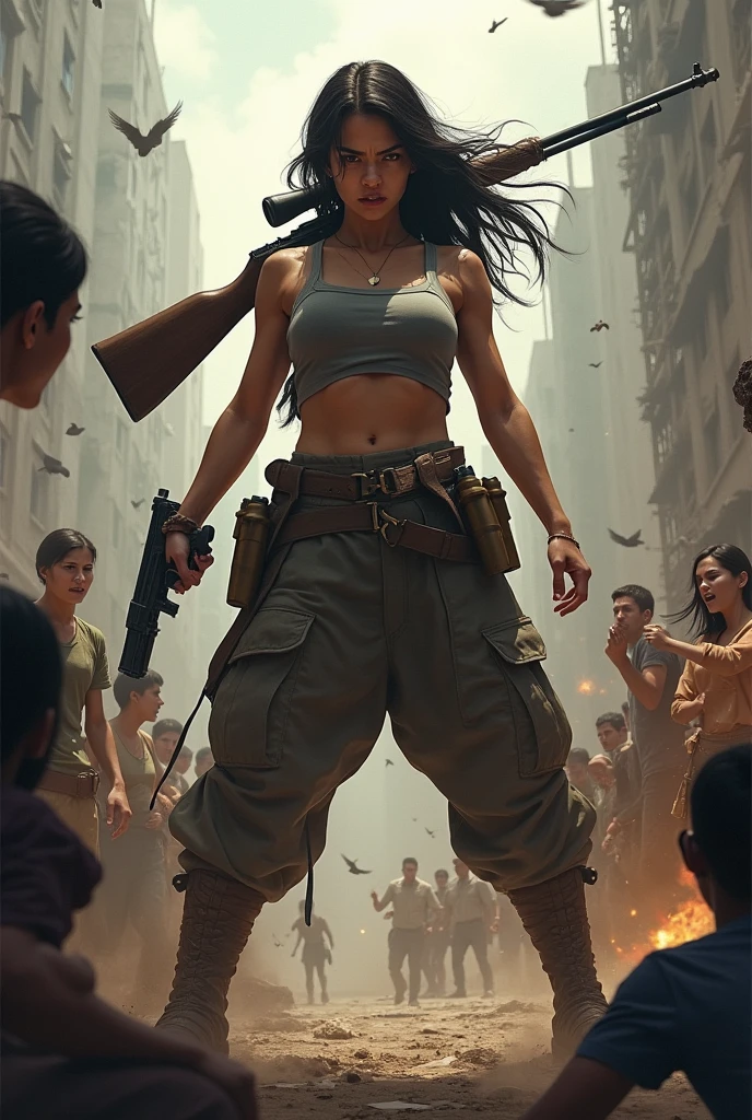 Very tall woman beats people