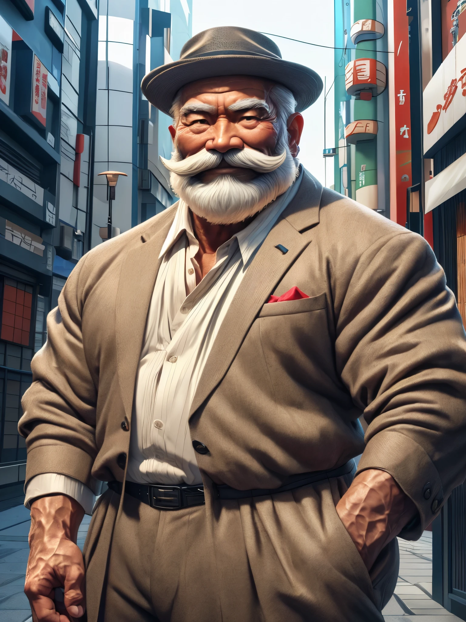 a muscular old man with a mustache and beard, (Japanese man:1.3), wearing a suits, smile, standing in a croud city background, (best quality,4k,8k,highres,masterpiece:1.2),ultra-detailed, realistic, photorealistic, semirealistic,detailed wrinkles,detailed facial features,detailed texture, half body, halfbody