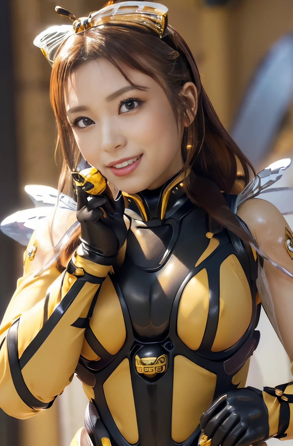 (high resolution,masterpiece,best quality,extremely detailed CG, anime, official art:1.4), realistic, photo, amazing fine details, all intricate, gloss and shiny,awesome many layers, 8k wall paper, 3d, sketch, kawaii, illustration,( solo:1.4), perfect female proportion,villainess, (fusion of queen bee and lady:1.4), (queen bee form lady:1.2), (queen bee lady:1.2), (fusion:1.2), (solo:1.4), (evil smile:1.2), muscular, abs, (queen bee exoskeleton bio insect suit:1.4), (queen bee exoskeleton bio insect armor:1.2), (brown transparency queen bee wing:1.4), (brown queen bee antennae:1.3), (large breasts:1.3), (bee pattern launcher on wrists:1.4),