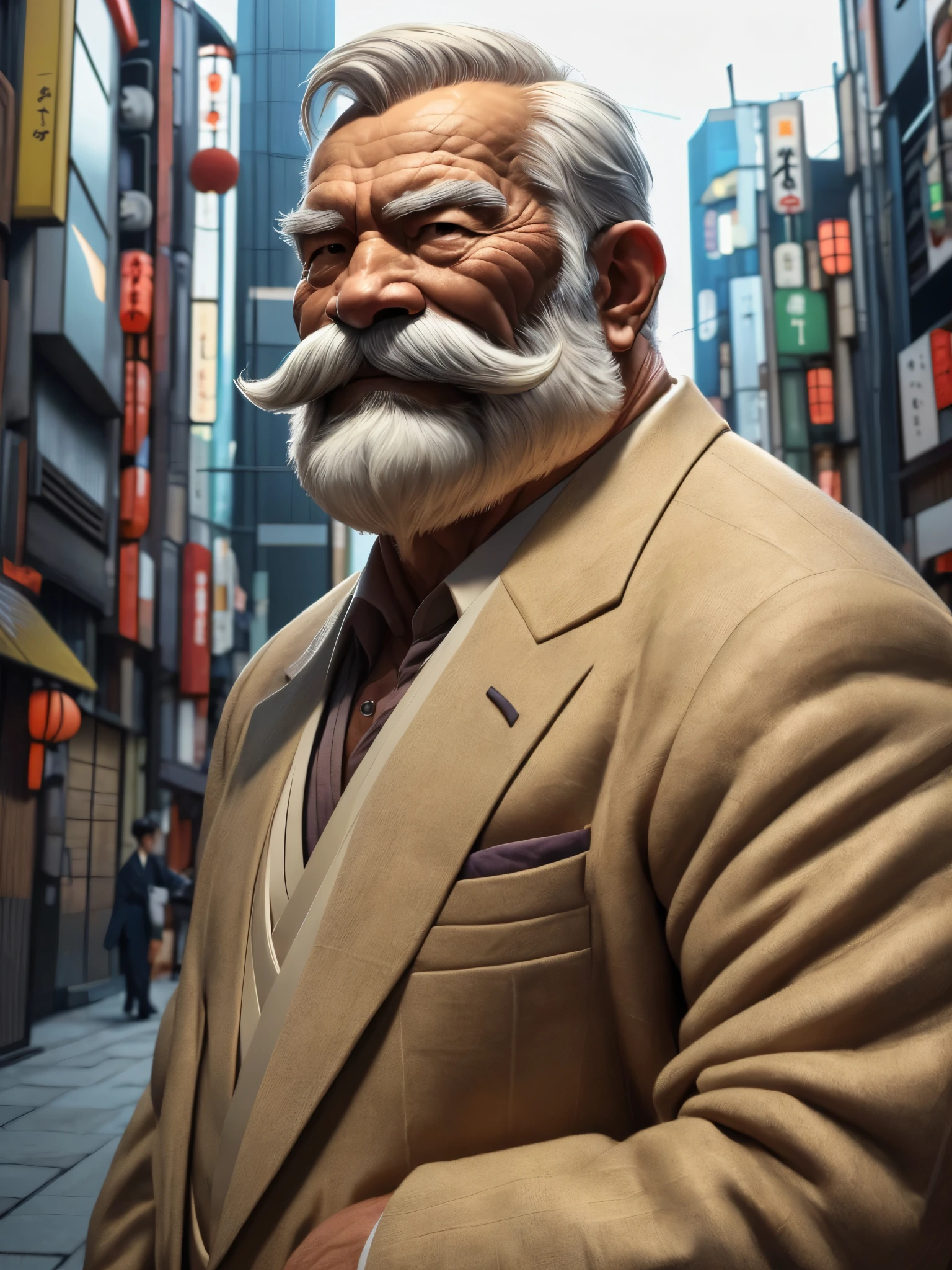 a muscular old man with a mustache and beard, (Japanese man:1.3), wearing a suits, smile, standing in a croud city background, (best quality,4k,8k,highres,masterpiece:1.2),ultra-detailed, realistic, photorealistic, semirealistic,detailed wrinkles,detailed facial features,detailed texture, half body, halfbody