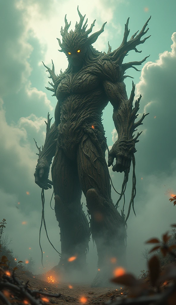 Design of a sturdy tree trunk from which sprouts a screaming face with deranged expression, two branches form mechanical arms, groot style tree. Wild passage, enchanted forest, at night, cloudy sky with full moon, cinematic light, 4k --auto