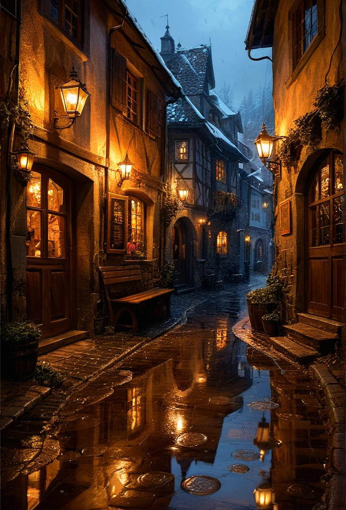 illustration by Basil Gogos and Daniel Gerhartz, charming tavern in a street alley, medieval village, rain, moody, reflections in water puddles, cold light in the background mixed with the warm light of candle lights, desolated winter mountain background 