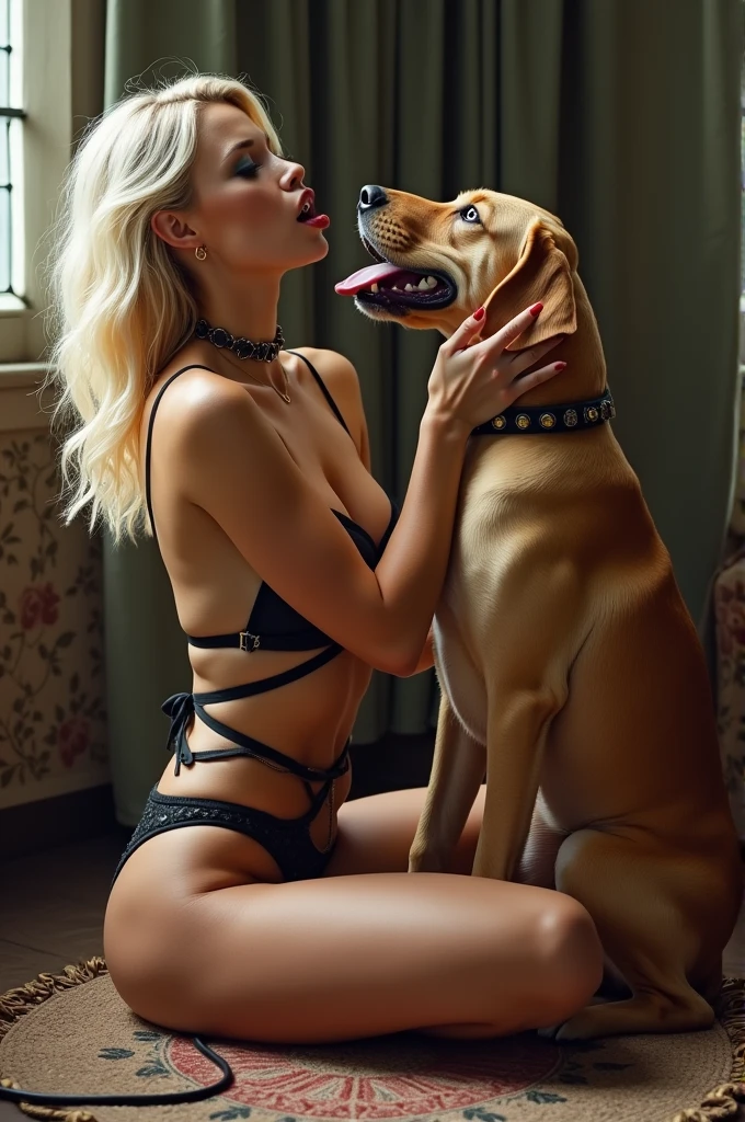 Voluptuous blonde woman naked. sexual posture. rottweiler dog fucking her. 