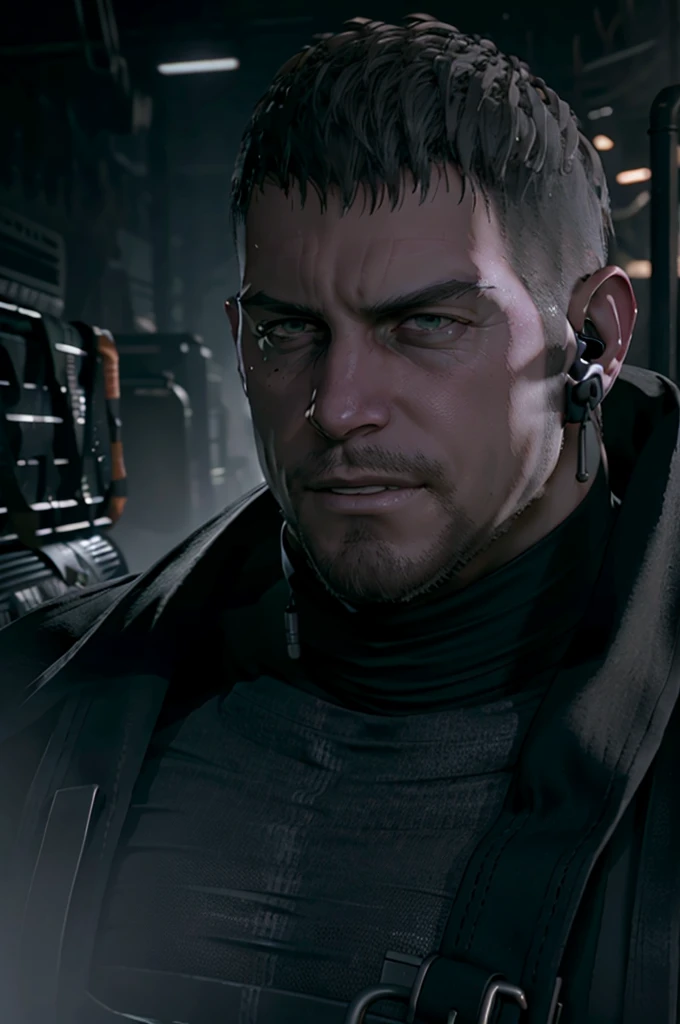 Dark gothic village in the background, old Chris Redfield from Resident Evil 8, 48 , muscular male, tall and hunk, black cold turtleneck, straps, earpiece, beard, old face, little smile, video games style, high resolution:1.2, best quality, masterpiece, dark nightime, dark atmosphere, volumetric lighting, shadow, potrait, face close up