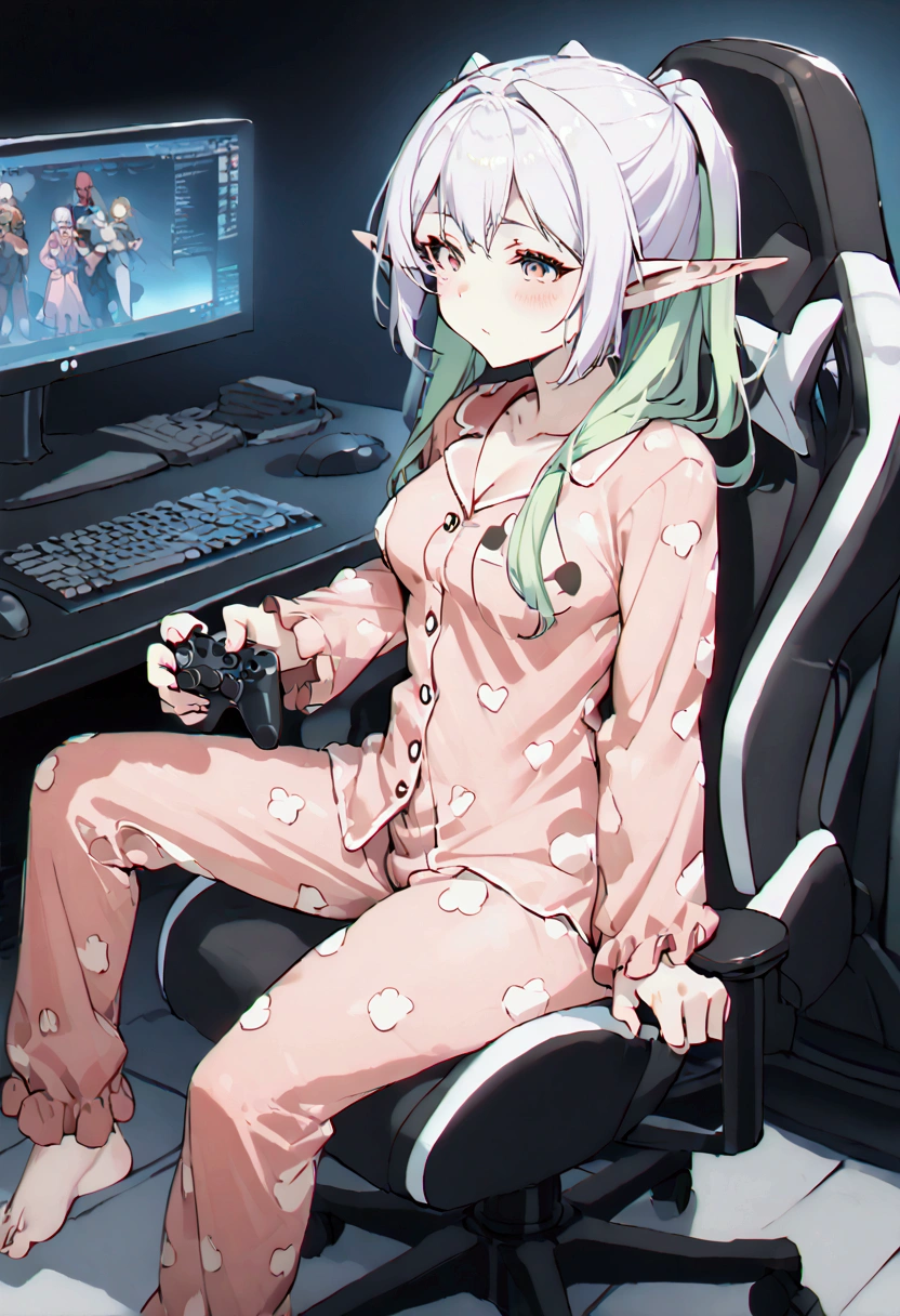 dressed in sexy pajamas, elf ears, Sitting in the gaming chair , playing video games on pc