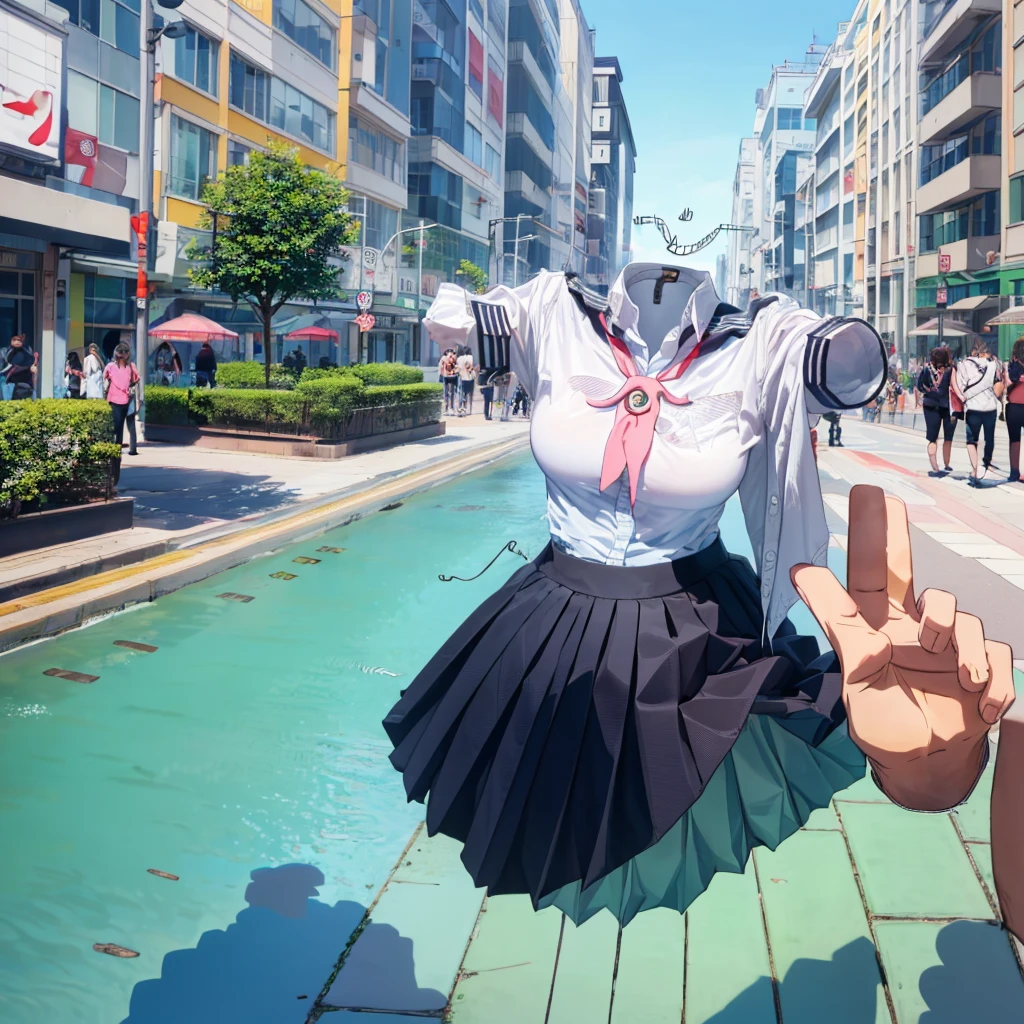 (invisible, no humans, headless, handless, faceless:1.5),(cute big breasts), school sailor uniform, in city, pleated skirt, (best quality, masterpiece:1.2)