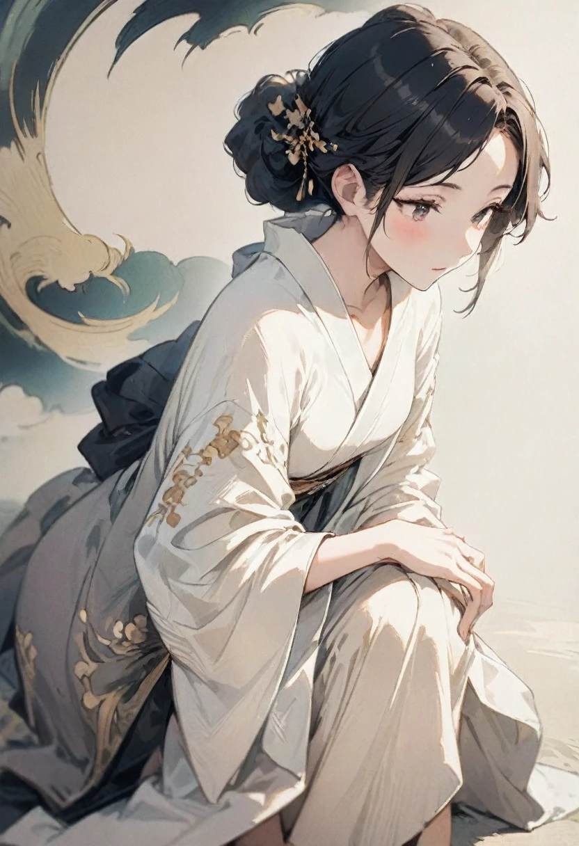 (masterpiece:1.2), Painting Style, 1 person, White Background, Delicate brushwork, Soft Light, Ethereal atmosphere, Loose-fitting robes, Graceful posture, Beautiful Features, Calm expression, Bright colors, The finer details, High resolution, Faint whiteness, Peaceful atmosphere