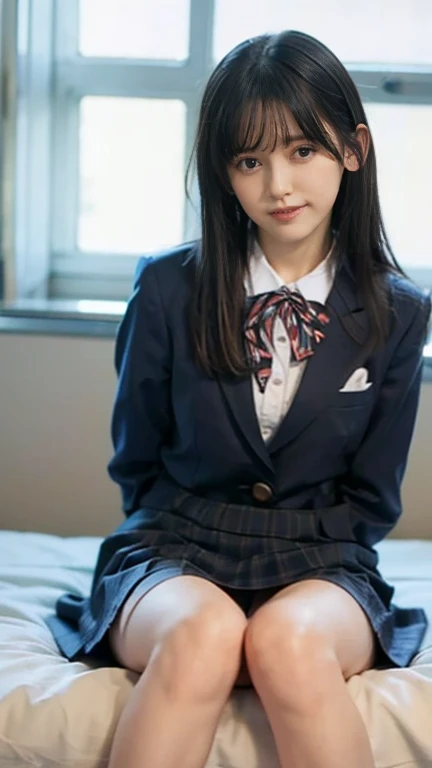 (masterpiece, Highest quality, 8k, RAW Photos, beautifully、beautiful:1.2), Intricate details, indirect lighting, Realistic, whole body, Sitting on a hotel bed、High School Uniform、Gazing at the audience、smile、Happy、Voyeur、 High School Uniform、 woman&#39;training , Chair to sit under skirt,Ultra-high resolution,8k,Bokeh,Sharp focus,Highly detailed face,Spanish Girls,beautiful足,thin,(Large Breasts),Super Detail Eyes
