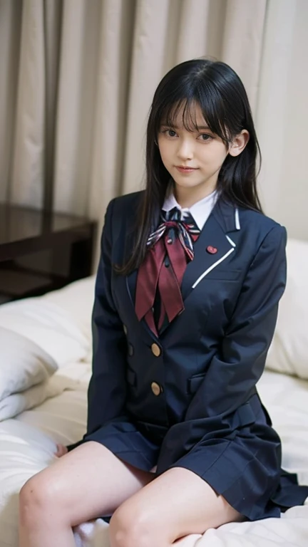 (masterpiece, Highest quality, 8k, RAW Photos, beautifully、beautiful:1.2), Intricate details, indirect lighting, Realistic, whole body, Sitting on a hotel bed、High School Uniform、Gazing at the audience、smile、Happy、Voyeur、 High School Uniform、 woman&#39;training , Chair to sit under skirt,Ultra-high resolution,8k,Bokeh,Sharp focus,Highly detailed face,Spanish Girls,beautiful足,thin,(Large Breasts),Super Detail Eyes
