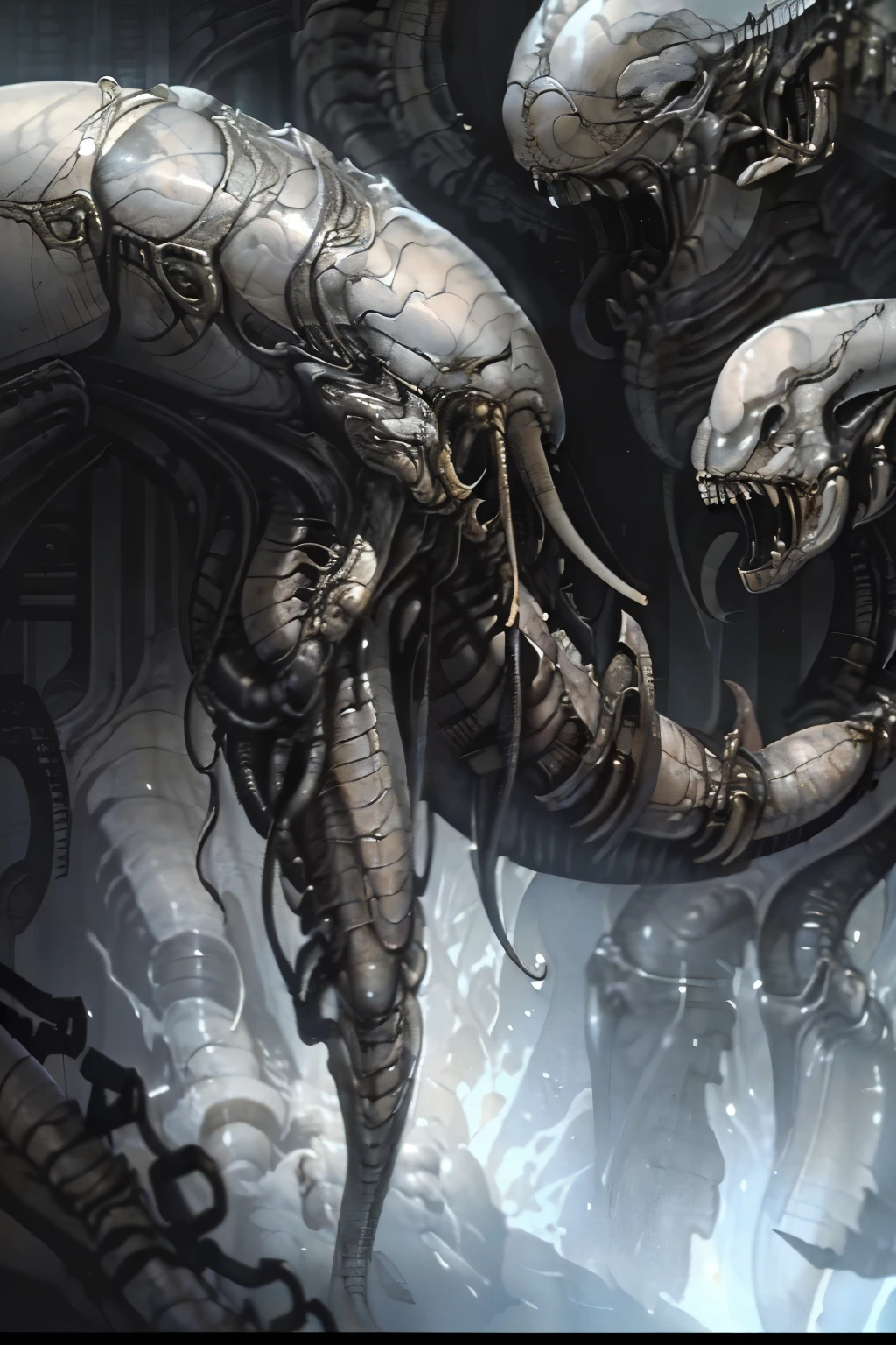  ((best quality)), ((masterpiece)), (detailed), an alien creature, (hr giger inspired), (velociraptor form), pale, milk-white skin, translucent skin, smooth skin texture like a dolphin, no hair, (head like a porpoise), xenomorph queen head, round head, (bulbous head), (xenomorph head), (atrophied eye sockets), (smooth face), (bright prominent gums), (a long tongue like an elephant trunk coming out of the mouth with a squid-like beak at the tip), elongated female physique, (protrusions along a skeletal ridged back), (breathing holes on the chest), elongated limbs, a tail that splits into three tentacles, (tentacles with spikes instead of suckers), (walking on long skinny arms), where the legs would be is another set of arms that are used for grabbing, H R Giger, Clive Barker's The Thing, xenomorph, predator, Engineer, dinosaur, sci fi horror, cosmic horror 