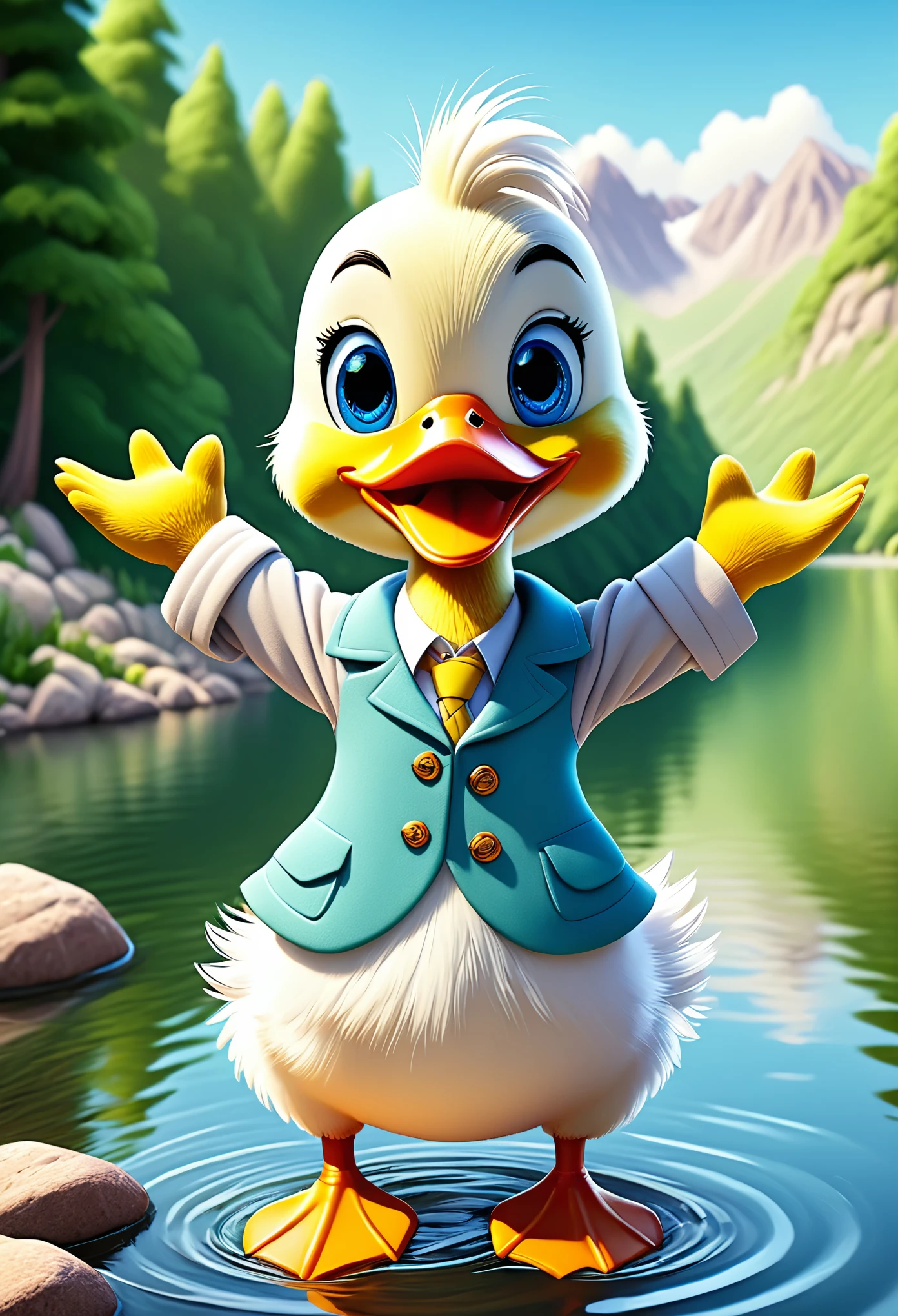 cute duck, cartoon , arms, hands ,cute eyes, looking at viewer, arms up, cute clothes, flawless, lake, water