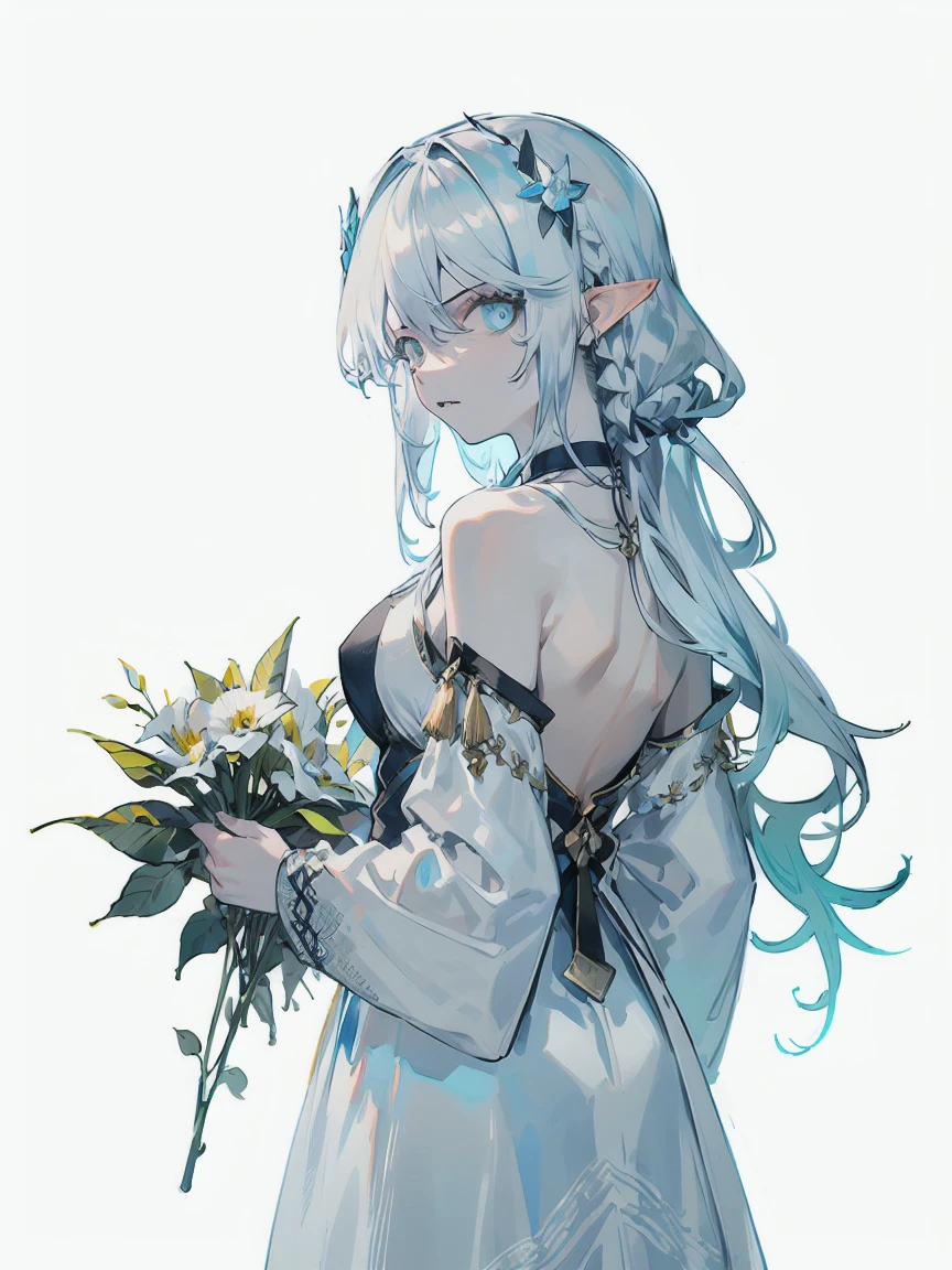 detailed, ultra-detailed, masterpiece, 8k wallpaper,watercolor ,white theme,(sshfstyle:1.2),Moody Lighting,Soft Lighting,Volumetric Lighting,dramatic angledynamic angle,,(white background:1.2),1girl, breasts, pointy ears, hair ornament, dress, flower, hair flower, elf, braid, looking at viewer, large breasts, white dress, solo focus, holding, looking back, parted lips, silver hair, bangs, from behind, blue eyes, choker, backless outfit, official alternate costume, white flower, back, sidelocks, long sleeves, backless dress, white background, long hair, 